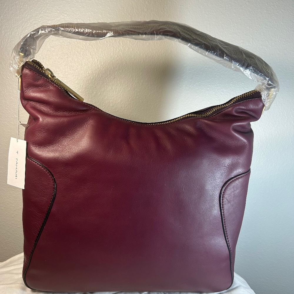 T Tahari NWT All Leather Exterior Large Hobo Bag in Auburgine/Eggplant Color